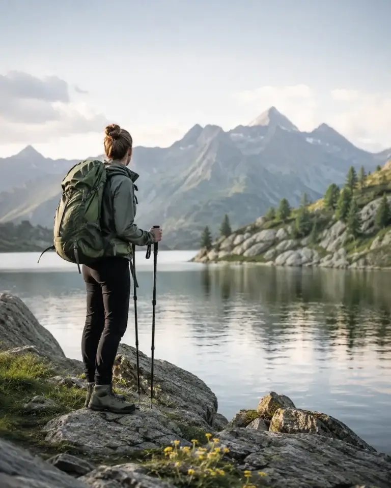 Wandelaar met rugzak en trekkingstokken bij een bergmeer in de bergen