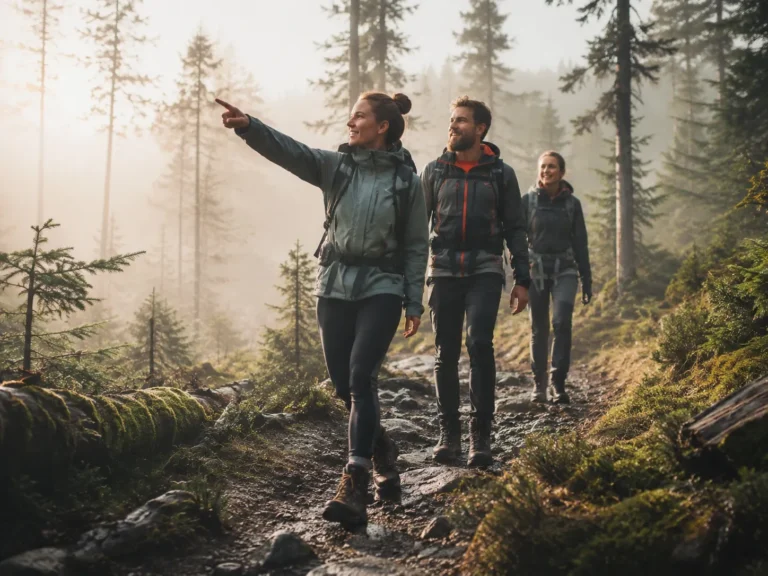 Groep wandelaars met outdoor kleding en wandelschoenen op een bospad