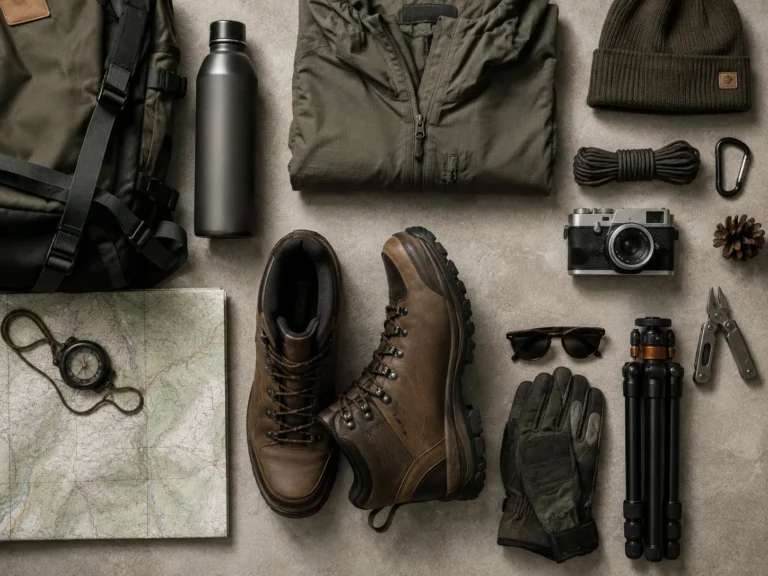 Wandelschoenen, rugzak, kaart, kompas en outdoor uitrusting overzichtelijk neergelegd