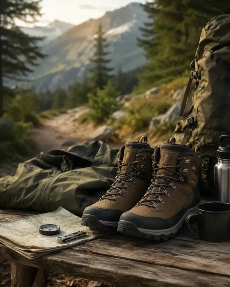 Wandelschoenen met rugzak, kaart, kompas en outdoor uitrusting bij een bergpad