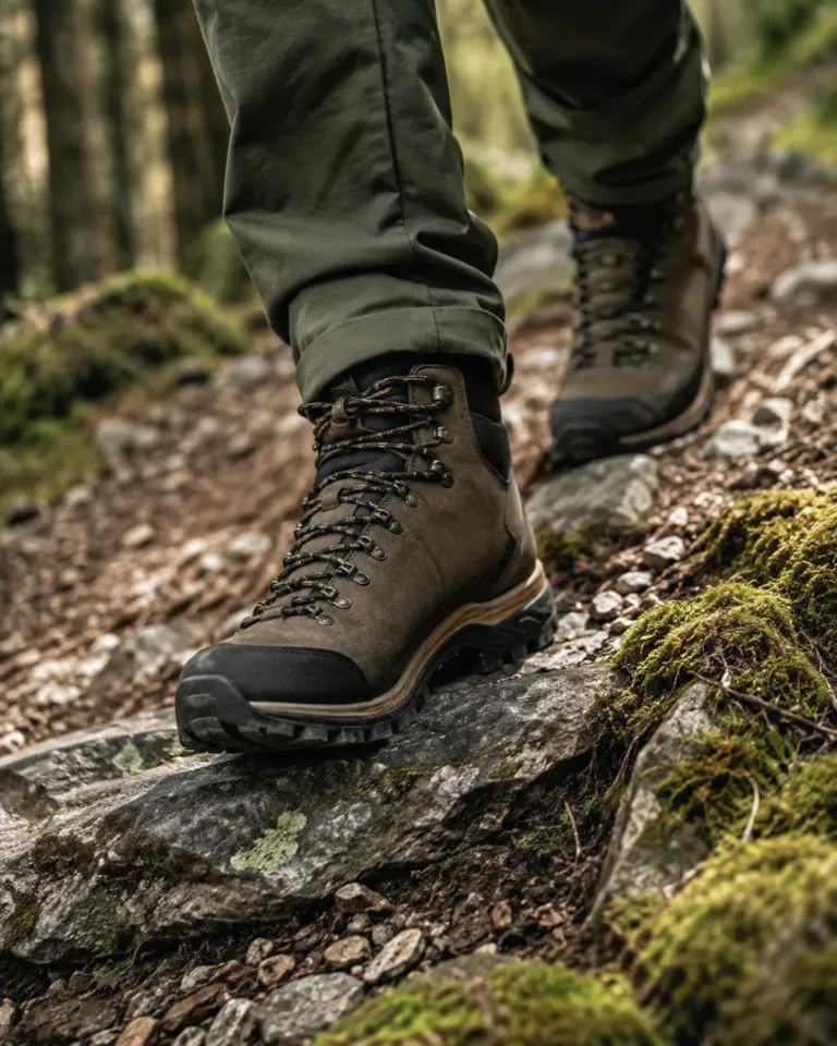 Stevige wandelschoenen op een rotsachtig bospad met mos en stenen