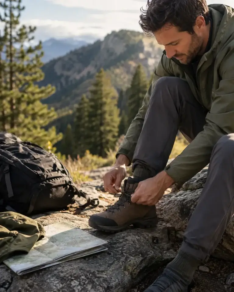Wandelaar strikt zijn stevige wandelschoenen op een bergpad met rugzak en wandelkaart erbij